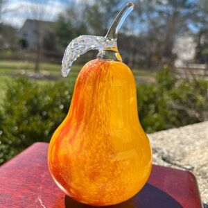 Handblown Glass Pear Sculpture - Yellow/Orange
